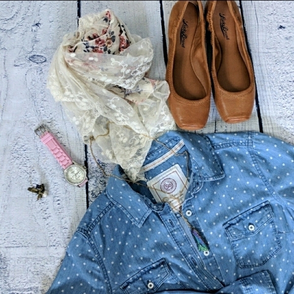 SO Perfect Shirt Button Chambrey Swiss Dots Juniors / Jr XL Blue White Spring - Picture 4 of 6